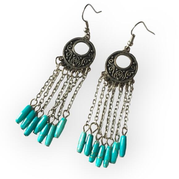 Boho silver tone aqua/turquoise plastic dangle fish hook earrings - Picture 1 of 9